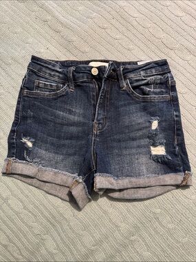 Women's Dark Blue Distressed Rolled-Hem Denim Shorts